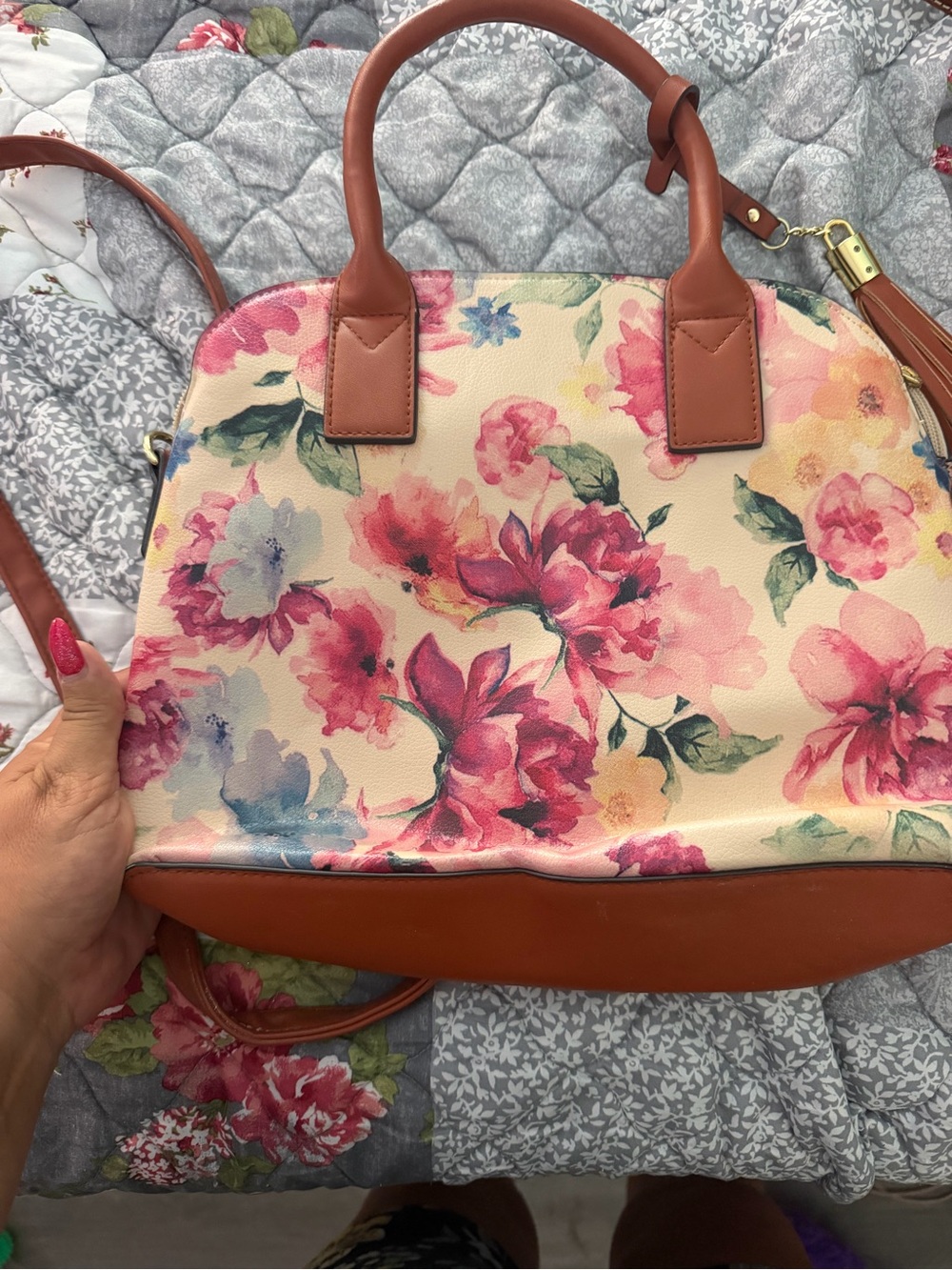 Unlisted Cream Floral Dome Satchel with Brown Trim